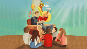 Man sitting in a chair reading a story to a group of children.
